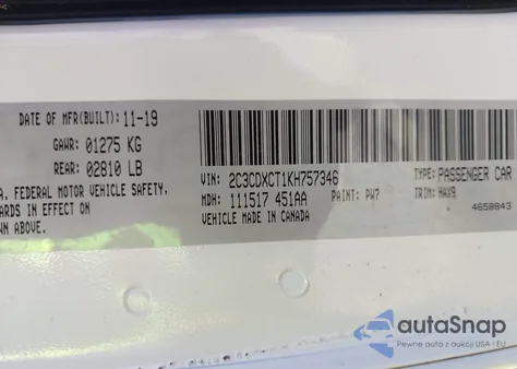 2019 Dodge Charger R/T Rwd z USA, uszkodzony, nr VIN 2C3CDXCT1KH757346